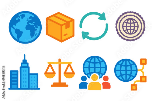 Business and networking silhouette icon set. featuring globe, package, refresh, building, scale, group, network