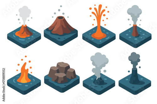 Volcanoes and geysers flat icon set. featuring eruption, lava, plume, smoke, and geological symbols
