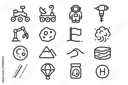 Space exploration linear icon set. featuring rover, astronaut, drill, asteroid, flag, moon, mountain, wave, parachute, landing