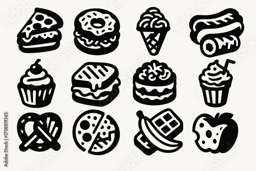 Food and dessert silhouette icon set. featuring pizza, donut, ice cream, sandwich, cupcake, pretzel, apple