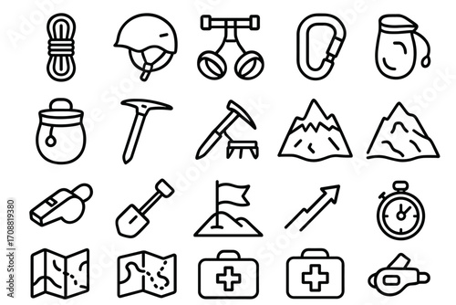 Climbing linear icon set. featuring rope, helmet, binoculars, carabiner, compass, mountains, and map symbols