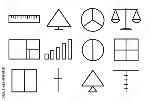 Mathematics silhouette icon set. featuring ruler, geometry, pie chart, scales, fibonacci, graph, balance, sections