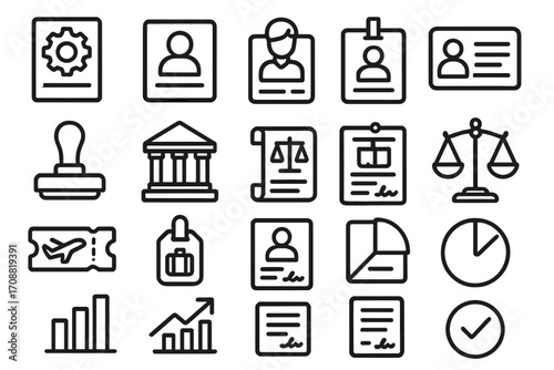Business and legal documents linear icon set. featuring passport, id, contract, courthouse, and balance scale symbols