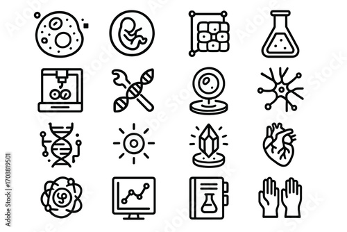 Biology and science linear icon set. featuring embryo, neuron, flask, dna, and microscope symbols