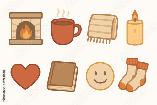 Cozy home flat icon set. featuring fireplace, coffee, blanket, candle, heart, book, smiley, and socks icons