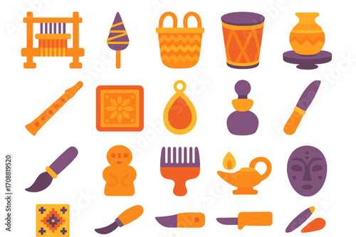 Cultural art flat icons set. featuring drum, mask, jug, knife, flute, basket, lamp, paintbrush, and torch symbols