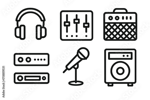 Music equipment silhouette icon set. featuring headphones, mixer, amplifier, audio interface, microphone, speaker