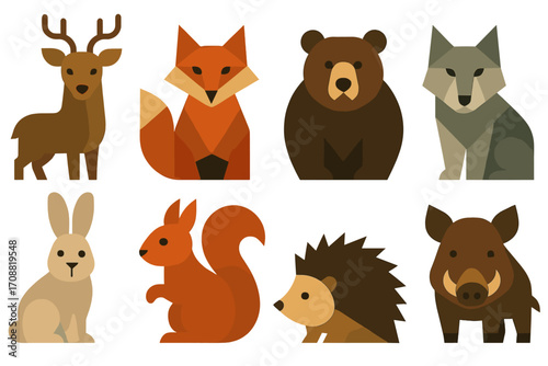 Forest animals flat icon set. featuring deer, fox, bear, wolf, rabbit, squirrel, hedgehog, and boar
