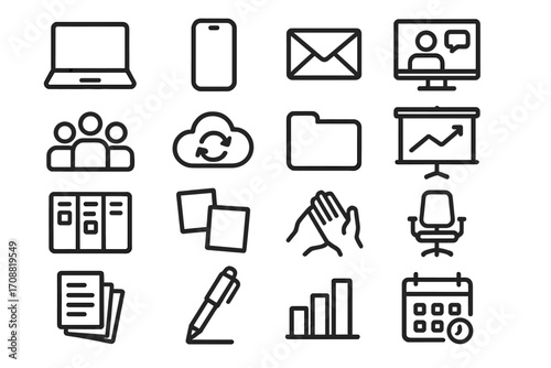 Business management linear icon set. featuring laptop, smartphone, email, video call, teamwork, cloud sync, and chart symbols