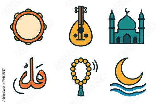 Ramadan linear icon set. featuring drum, oud, mosque, calligraphy, prayer beads, crescent moon symbols