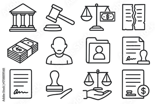 Legal system linear icon set. featuring court, gavel, balance, money, profile, document, and stamp symbols