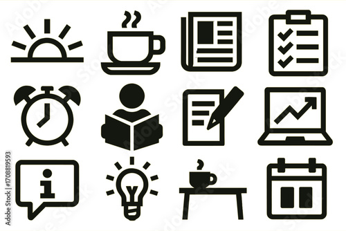 Daily routine linear icon set. featuring sunrise, coffee, newspaper, checklist, alarm, reading, notes, laptop, info, idea, desk, calendar symbols