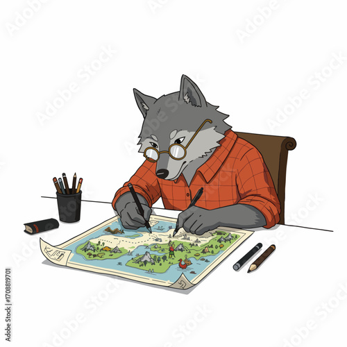 Anthropomorphic Wolf in Glasses Drawing on a Detailed Map with Pens