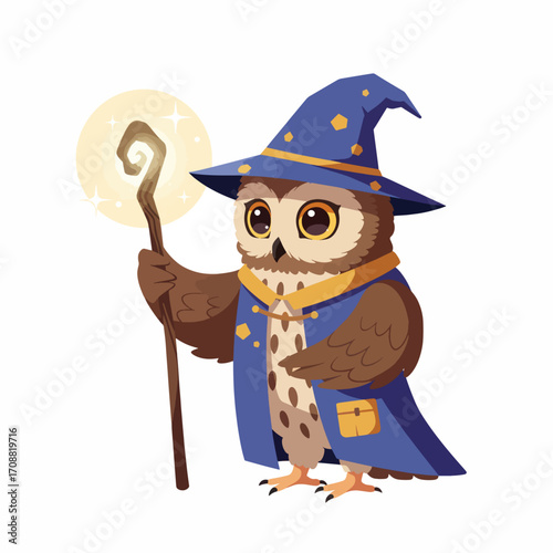 Cartoon Owl Wizard with Staff, Wearing Blue Hat and Robe, Holding Glowing Orb