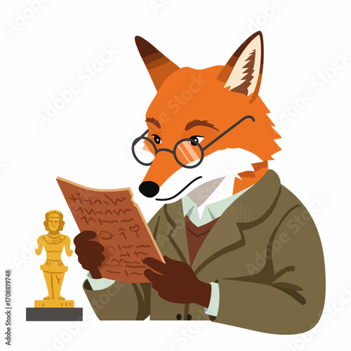 Cartoon Fox Anthropomorphic Reading Ancient Text with Glasses and Statue