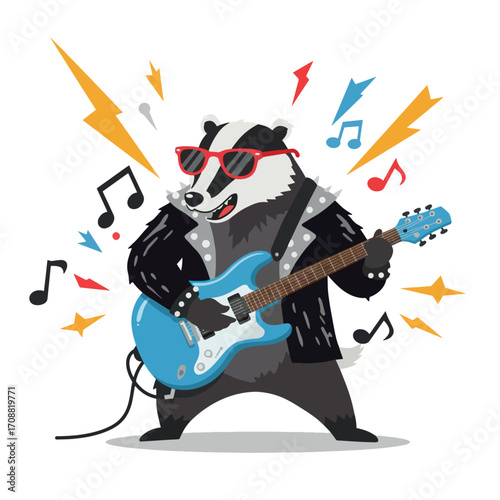 Rocker Badger Playing Electric Guitar, Wearing Sunglasses, and Rocking Out Loud.