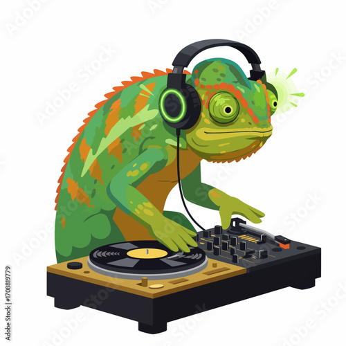 Green Chameleon DJ with Headphones Mixing Music on Turntable, Vector Illustration