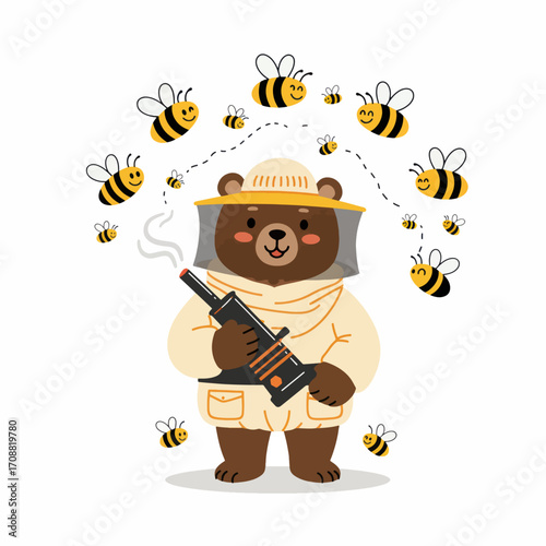 Cartoon Bear Beekeeper with Bees, Smiling, Holding a Smoker Tool