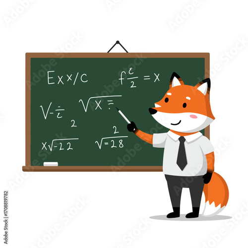Cartoon Fox Teacher Explaining Math Equations on Chalkboard with Pointer.
