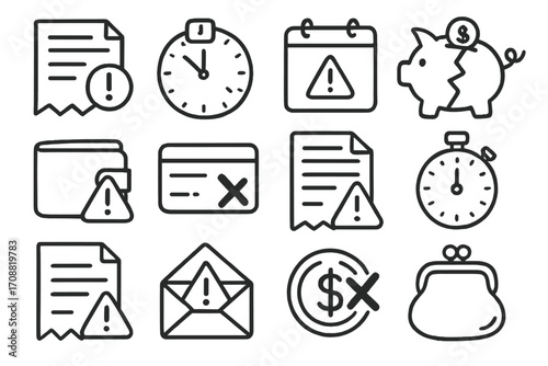 Finance alert linear icon set. featuring invoice, stopwatch, calendar, piggy bank, wallet, credit card, and email symbols