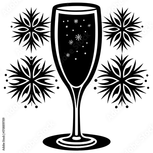 Champagne flute filled with sparkling bubbles and snowflakes surrounded by decorative starbursts