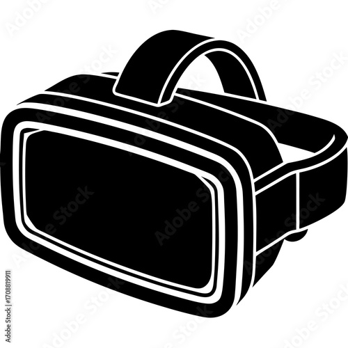 Stylized black silhouette of a virtual reality headset with a head strap for immersive entertainment and gaming