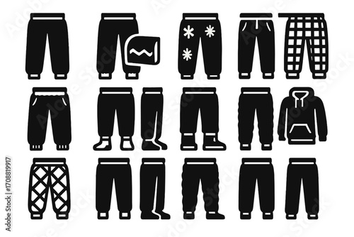 Clothing silhouette icons set. featuring sweatpants, joggers, pajamas, shorts, and hoodie designs