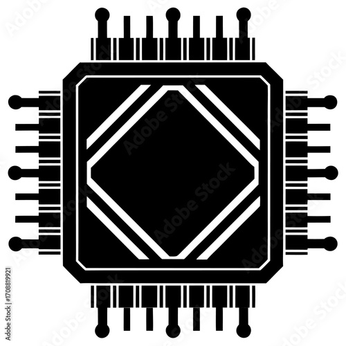 Stylized black and white icon of a central processing unit microchip with pins