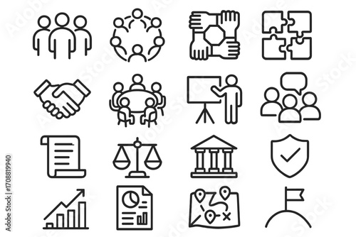 Business collaboration linear icon set. featuring teamwork, meeting, handshake, presentation, graph, and puzzle symbols