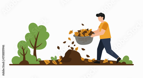Man Carrying Colander Full of Autumn Leaves, Gardening Illustration