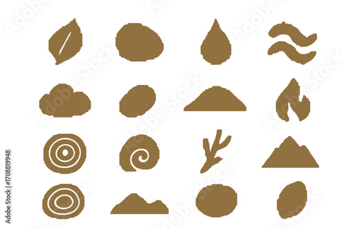 Nature elements silhouette icon set. featuring leaf, rock, water, wind, cloud, fire, mountain, spiral.