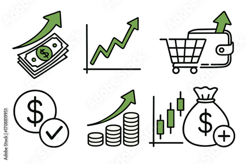 Finance growth linear icons set. featuring money, chart, shopping cart, wallet, currency, bag symbols