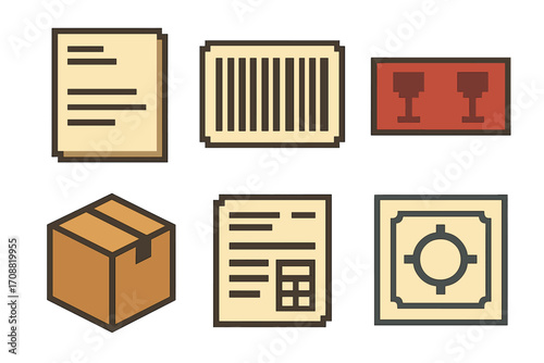 Shipping and packaging flat icon set. featuring invoice, barcode, fragile, box, document, and location symbols