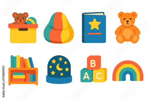 Kids toys flat icons set. featuring teddy bear, bean bag, book, plush, bookshelf, nightlight, blocks, rainbow