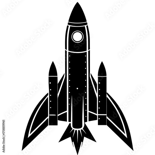 Retro style black rocket ship with booster rockets and fins on a white background