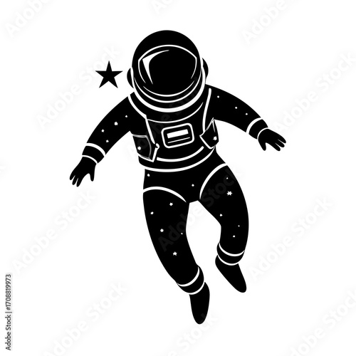 Stylized black silhouette of an astronaut floating in space with stars and a single star