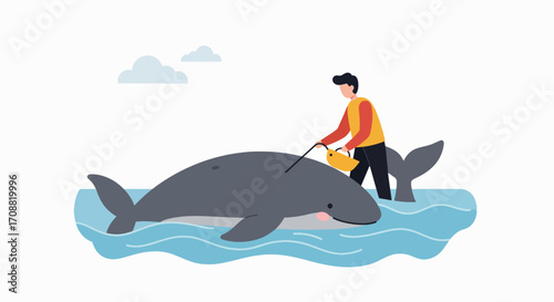 Cartoon Whale with Person and Yellow Bucket in Water