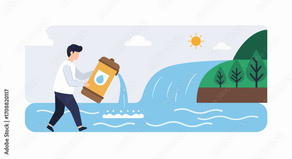 Fototapeta premium Man Pouring Water from a Container into a River, Illustration