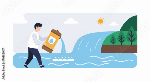 Man Pouring Water from a Container into a River, Illustration