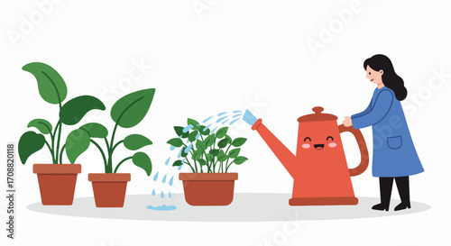Cheerful Red Watering Can Watering Plants with Smiling Face