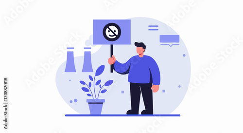 Cartoon Man Holding Protest Sign with Anti-Smiley Face Symbol