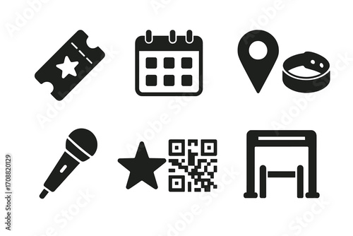 Event management silhouette icon set. featuring ticket, calendar, map, wristband, microphone, star, barcode, barbell