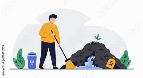 Person Sweeping with Broom Near Waste and Plant Illustration