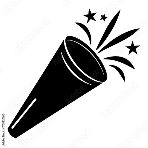 Black silhouette of a party popper exploding with stars and streamers on a white background