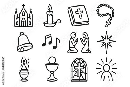 Church silhouette icon set. featuring cathedral, candle, bible, rosary, bell, music, prayer symbols