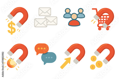 Business development flat icon set. featuring magnet, email, communication, growth, network, and shopping cart symbols