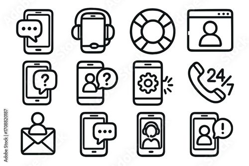 Communication and support linear icon set. featuring chat, phone, email, contact, and support symbols