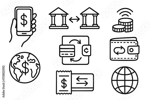 Finance linear icon set. featuring smartphone payment, bank transfer, coins, global finance, wallet, and receipt symbols