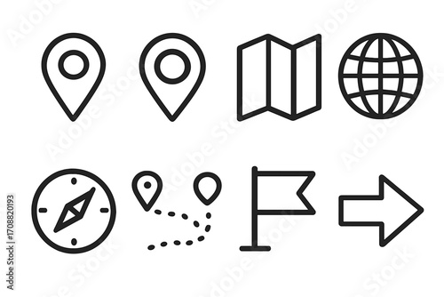 Travel and navigation silhouette icon set. featuring location pin, map, globe, compass, route, flag, and arrow icons