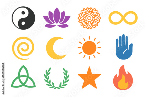 Spiritual symbols flat icon set. featuring yin yang, lotus, mandala, infinity, spiral, moon, sun, hand, triquetra, wreath, star, flame